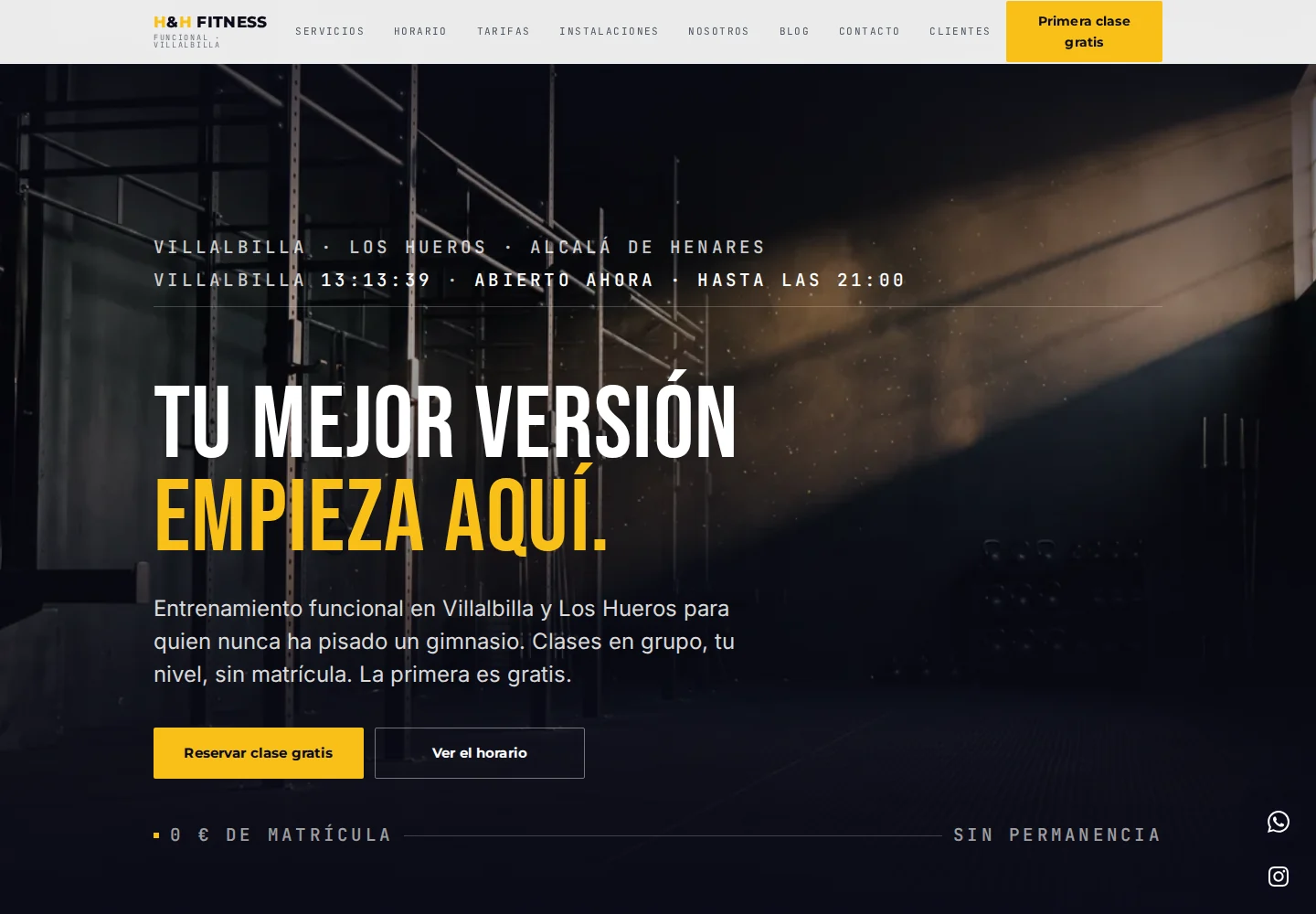 Captura real de la web Home & Health Fitness, con sus servicios y reserva de clase