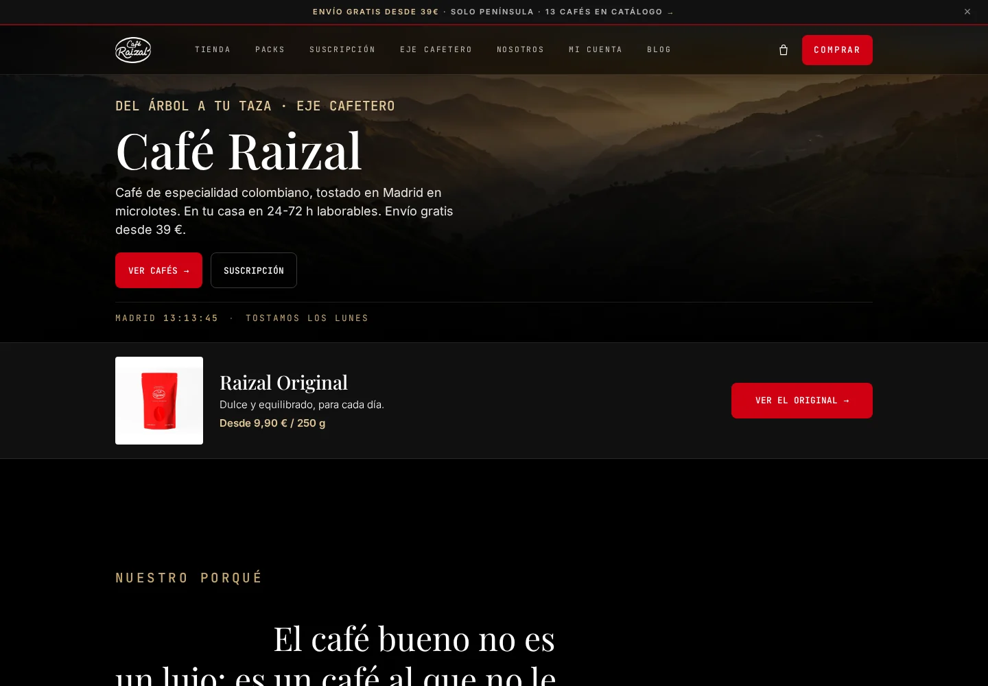 Captura real de la web de Café Raizal